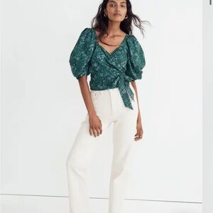 Madewell Green Floral Wrap Top